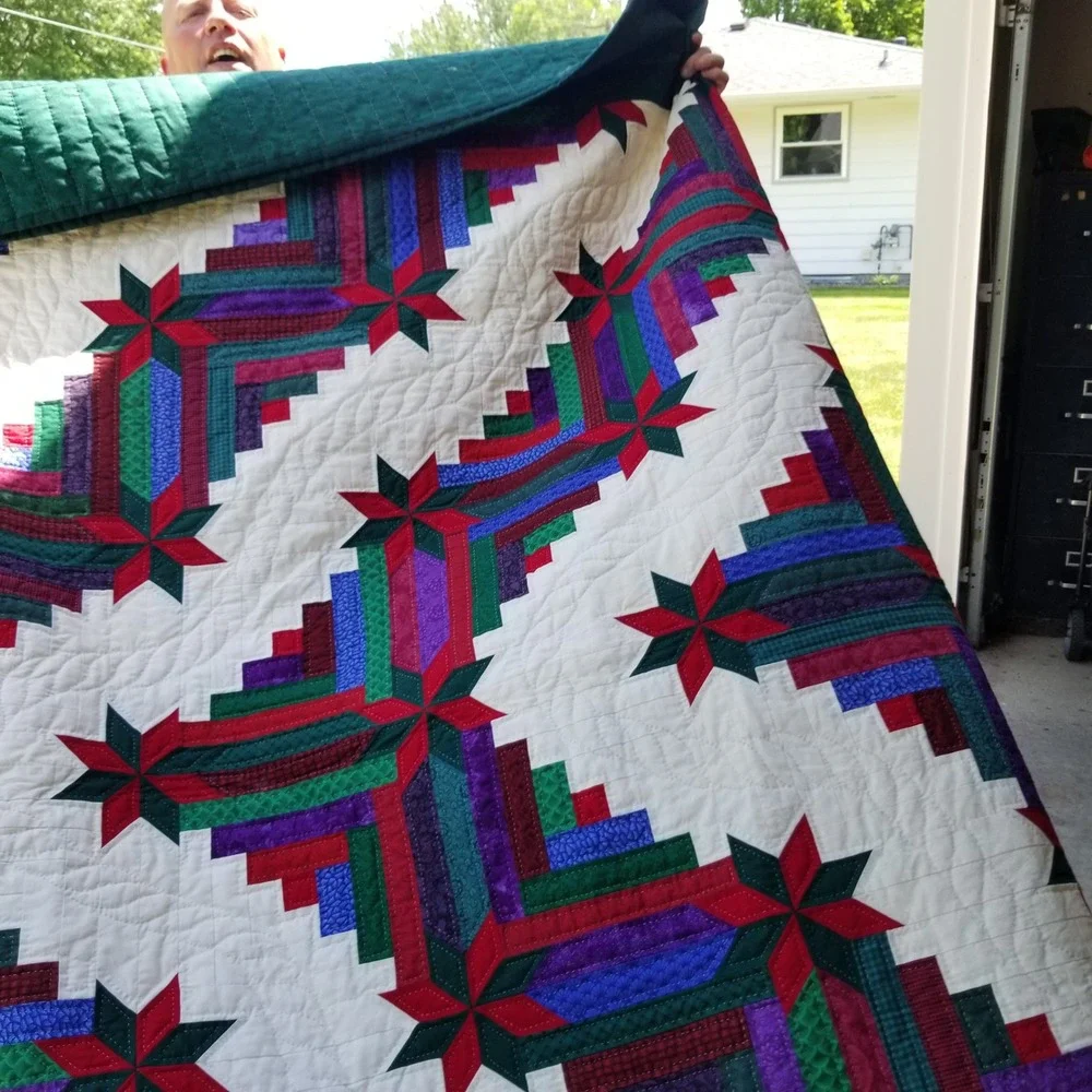 Homemade hand quilted Log Cabin Star Quilt King cal. King  Patchwork Bedspread